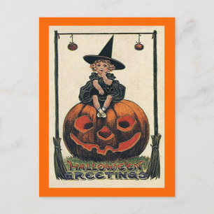 Vintage Halloween Girl on Jack o'Lantern Postcard