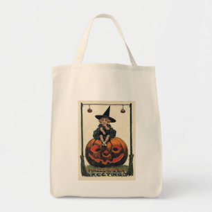 Vintage Halloween Girl on Jack o'Lantern Tote Bag