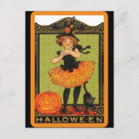 Vintage Halloween Girl Witch, Pumpkin, Black Cat