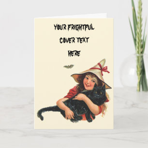 Vintage Halloween, Girl Witch with Black Cat Card
