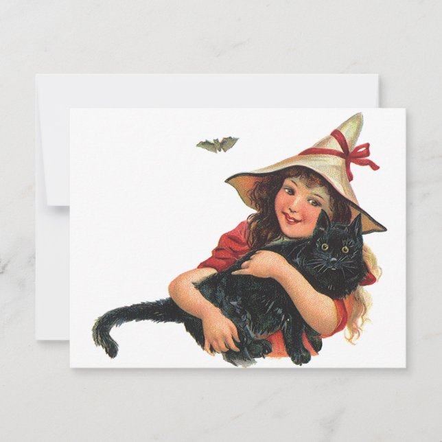 Vintage Halloween, Girl Witch with Black Cat Card (Front)