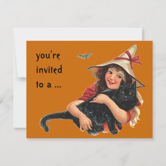 Vintage Halloween, Girl Witch with Black Cat Invitation (Front)