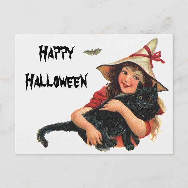 Vintage Halloween, Girl Witch with Black Cat Postcard (Front)