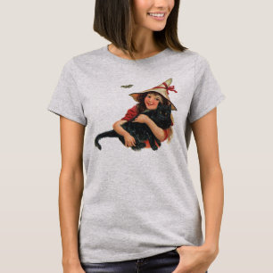 Vintage Halloween, Girl Witch with Black Cat T-Shirt