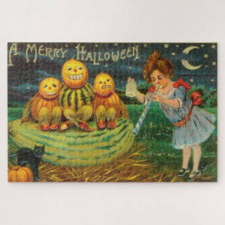 Vintage Halloween Girl with Pumpkins Jigsaw Puzzle