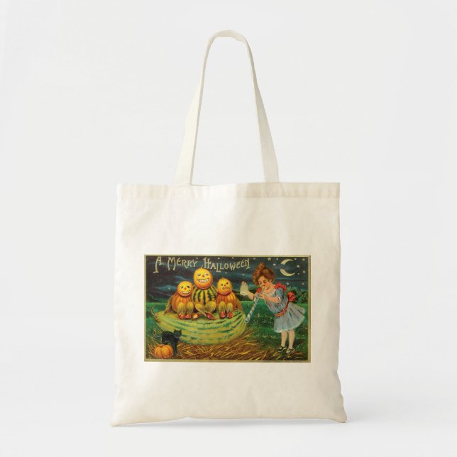 Vintage Halloween Girl with Pumpkins Tote Bag (Front)