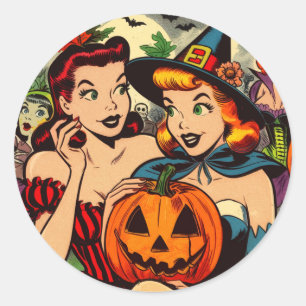 Vintage Halloween Girls Comics Classic Round Sticker