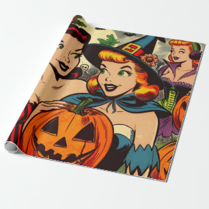 Vintage Halloween Girls Comics Wrapping Paper