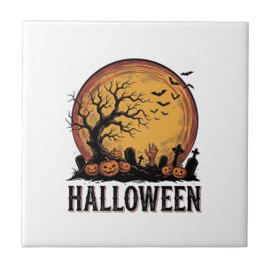 Vintage Halloween Graveyard Bat Moon Art_1 Ceramic Tile