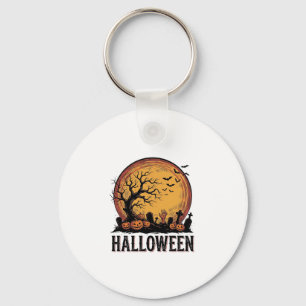 Vintage Halloween Graveyard Bat Moon Art_1 Key Ring
