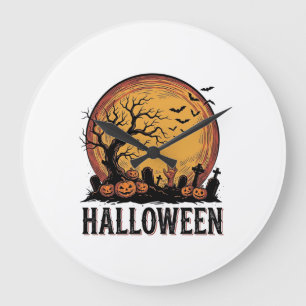 Vintage Halloween Graveyard Bat Moon Art_1 Large Clock