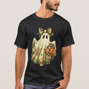 Vintage Halloween Green Camo Patchwork Spooky Ghos T-Shirt