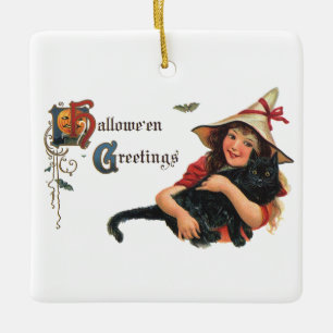 Vintage Halloween Greetings, Child Witch with Cat Ceramic Tree Decoration