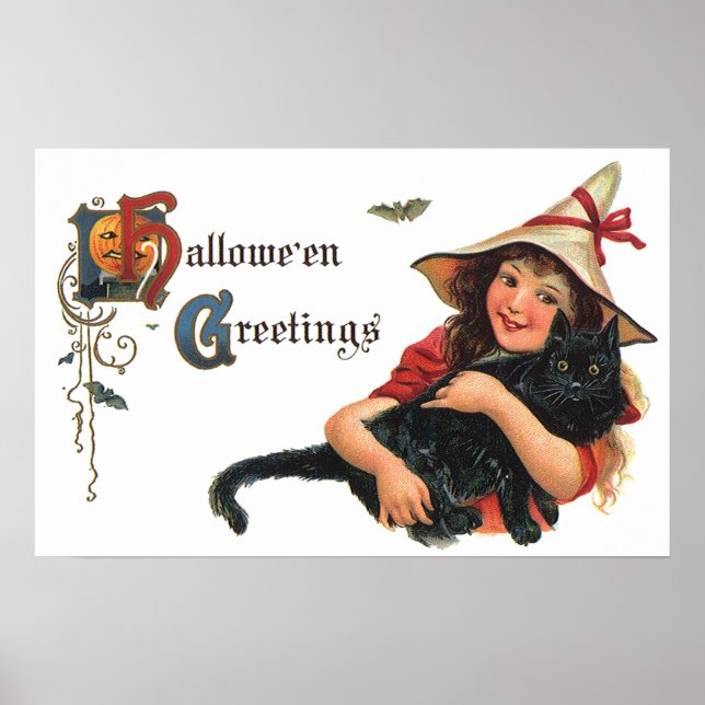 Vintage Halloween Greetings, Child Witch with Cat Poster (Front)