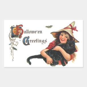 Vintage Halloween Greetings, Child Witch with Cat Rectangular Sticker