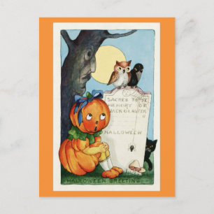 Vintage Halloween Greetings Pumpkin Graveyard Postcard