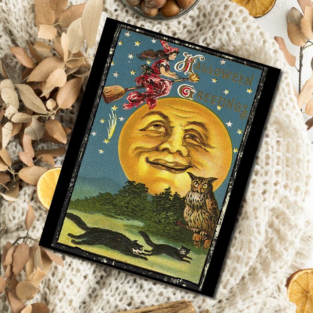 Vintage Halloween Greetings Witch Flying on Broom Postcard (Creator Uploaded)