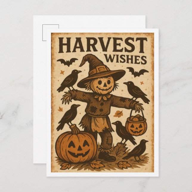 Vintage Halloween Harvest Wishes Postcard (Front/Back)