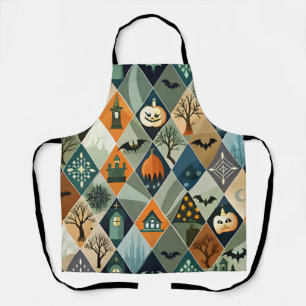 Vintage Halloween Haunted House Diamond Pattern Apron