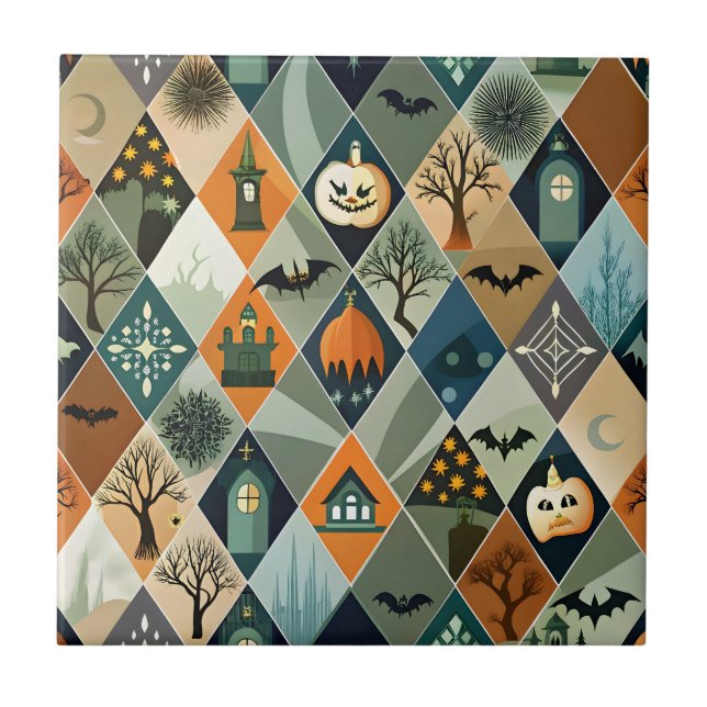 Vintage Halloween Haunted House Diamond Pattern Ceramic Tile (Front)