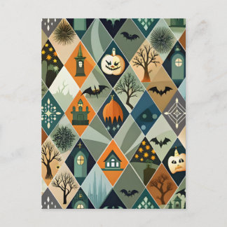 Vintage Halloween Haunted House Diamond Pattern Postcard