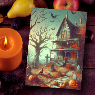 Vintage Halloween Haunted House Fall  Holiday Card