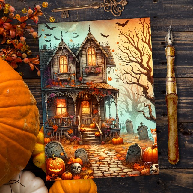 Vintage Halloween Haunted House Fall  Holiday Card (Creator Uploaded)