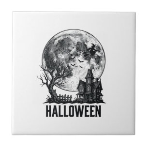 Vintage Halloween Haunted House Moon Shirt Design_ Ceramic Tile