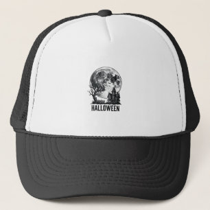 Vintage Halloween Haunted House Moon Shirt Design_ Trucker Hat