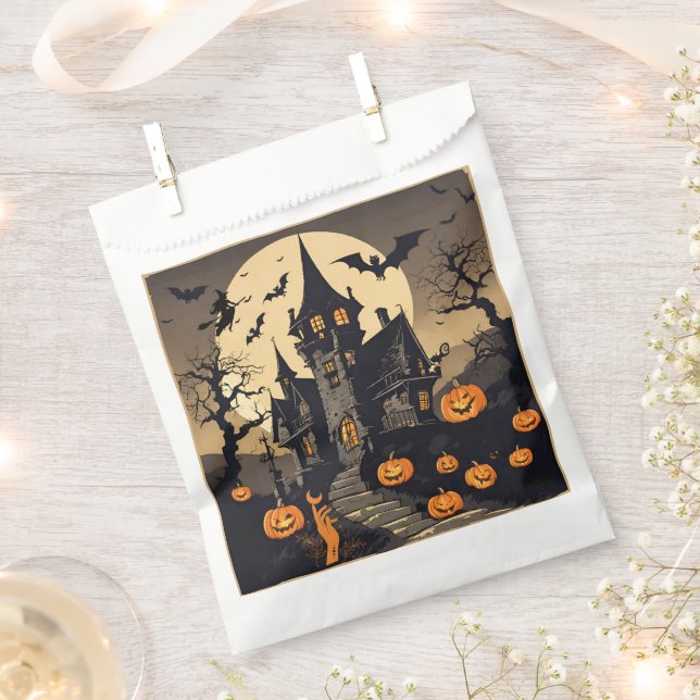 Vintage Halloween Haunted House, Pumpkins, Bats Favour Bag (Clipped)