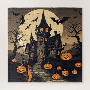 Vintage Halloween Haunted House, Pumpkins, Bats Jigsaw Puzzle