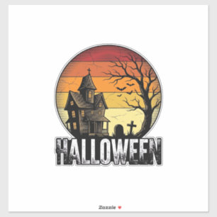 Vintage Halloween Haunted House Sunset Vector Art_