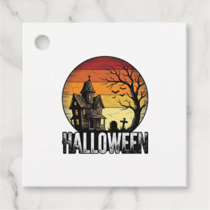 Vintage Halloween Haunted House Sunset Vector Art_ Favour Tags