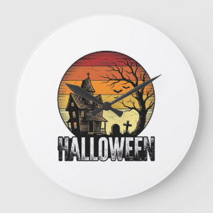 Vintage Halloween Haunted House Sunset Vector Art_ Large Clock