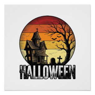 Vintage Halloween Haunted House Sunset Vector Art_ Poster