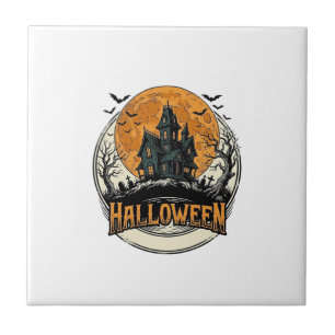 Vintage Halloween Haunted House Vector Design_1 Ceramic Tile