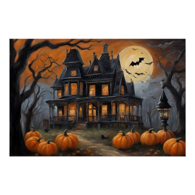 Vintage Halloween House and Full Moon  Poster (Front)