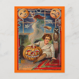 Vintage Halloween Jack-0-Lantern and Boy Postcard
