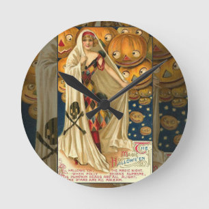 Vintage Halloween Jack O Lantern Girl Round Clock