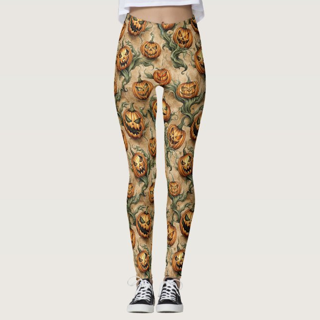 Vintage Halloween Jack-O-Lantern Vine Pattern Leggings (Front)