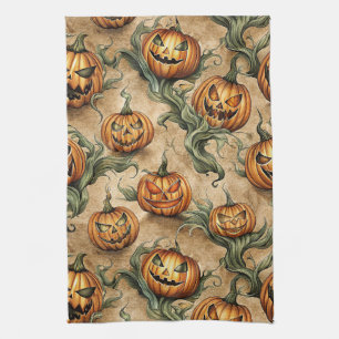 Vintage Halloween Jack-O-Lantern Vine Pattern Tea Towel