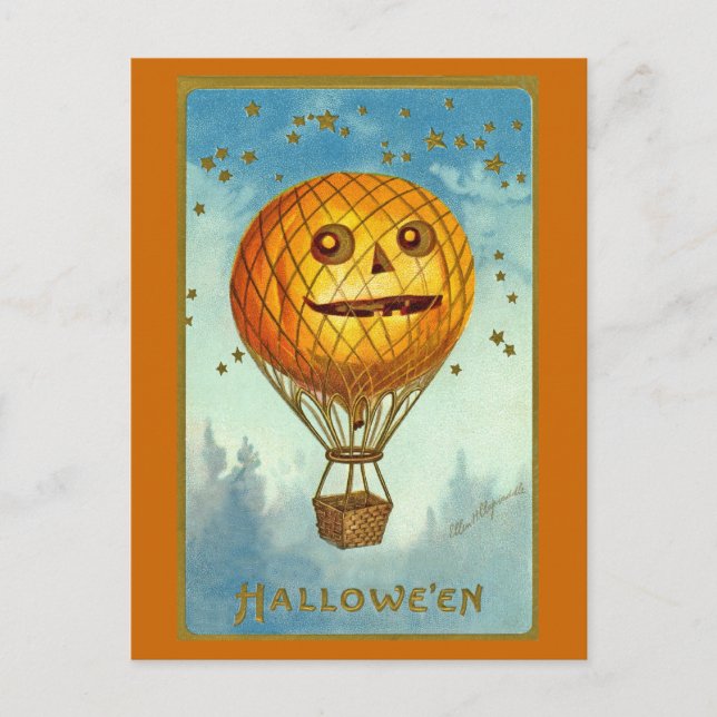 Vintage Halloween JOL Hot Air Balloon Postcard (Front)