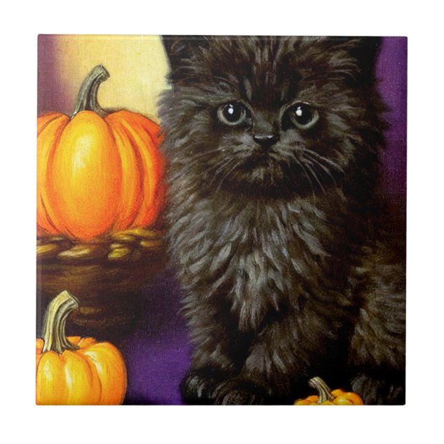 Vintage Halloween Kitten Ceramic Tile (Front)