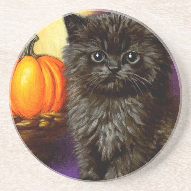 Vintage Halloween Kitten Coaster (Front)