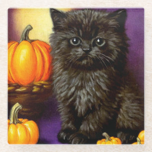 Vintage Halloween Kitten Glass Coaster
