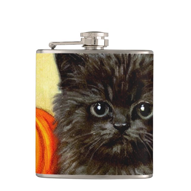 Vintage Halloween Kitten Hip Flask (Front)
