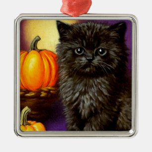 Vintage Halloween Kitten Metal Ornament