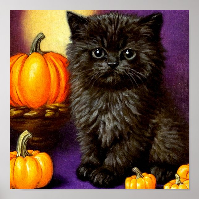Vintage Halloween Kitten Poster (Front)