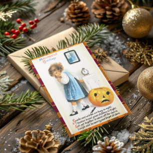 Vintage Halloween Little Girl And Pumpkin Poem Card