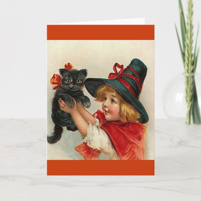 Vintage Halloween Little Witch Holding Black Cat Card (Front)
